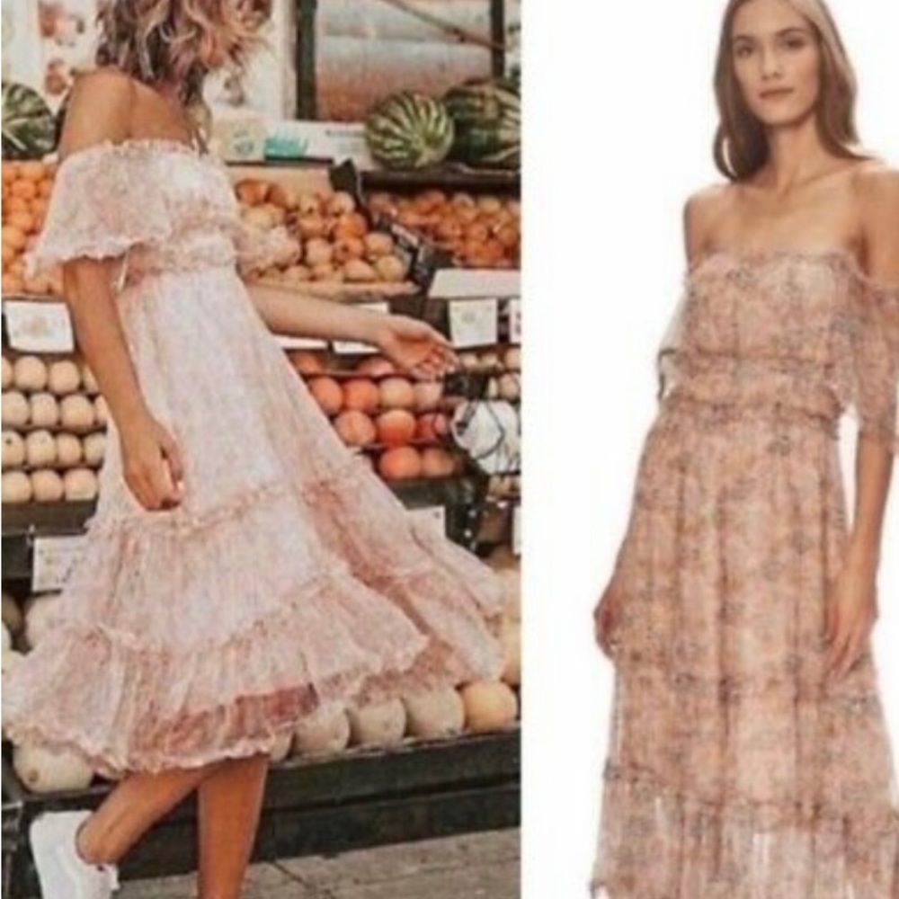 Size XS Love The Label Pink Floral Off The Shoulder Midi Dress Boho Peasant